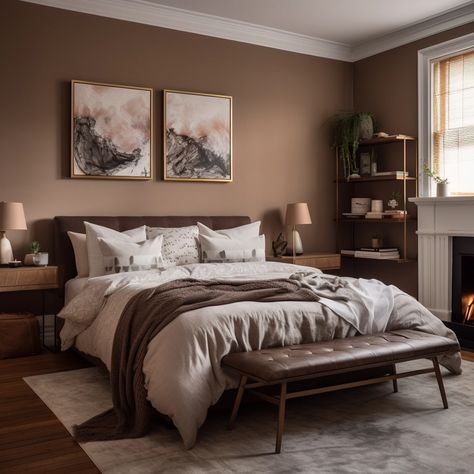 Bedroom Wall Color Ideas Neutral, Brown Toned Bedroom, Dark Brown Wall Paint Master Bedrooms, Brown And Grey Room Bedrooms, Brown Color Bedroom Ideas, Brown Bedroom Palette, Living Room Paint With Dark Floors, Wall Inspo Bedroom Paint, Coffee Coloured Bedroom