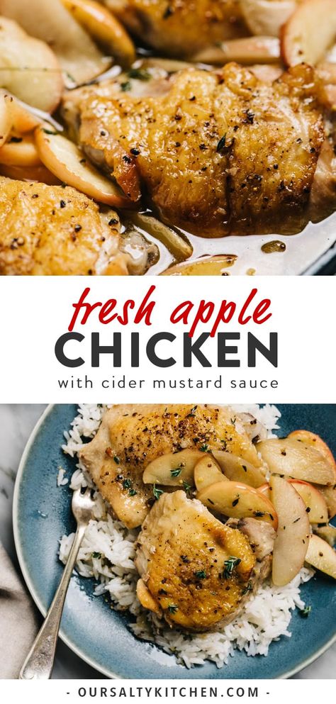 Family friend and kid approved, this apple chicken with cider mustard sauce is a weeknight winner, naturally Whole30 and gluten free, and the perfect way to celebrate fall produce. This apple cider chicken packs a seriously flavorful punch with crispy chicken thighs, tender sweet apples, and a savory cider mustard sauce. Ready in under 45 minutes in one pan! #chicken #apples #whole30 #glutenfree #paleo #weeknightdinner #kidfriendly #fallfood Apple Chicken Thigh Recipes, Apple Chicken Recipes Dinners, Chicken Thigh Apple Recipes, Chicken Apple Dinner Recipes, Chicken Apples Recipe, Crockpot Apple Chicken Recipes, Baked Chicken With Apples, Chicken Apple Recipes Dinners, Apples And Chicken Recipes