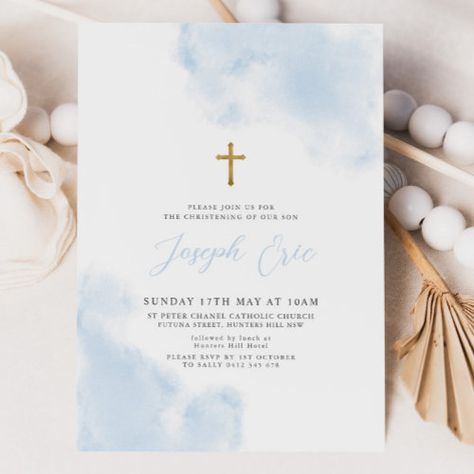 Blue Watercolor Boy Gold Cross Christening Baptism for $3.08 - Baptism & Christening Invitations Baptism Invitation For Boys, Best Wedding Vows, Christening Invitations Boy, Confirmation Party, Baptism Card, Baby Boy Christening, Classic Invitation, Baby Event, Baptism Cards