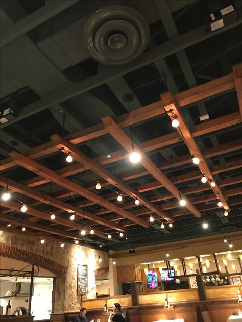 Timber Ceiling Design, Bulkhead Ceiling, Ceiling Beams Living Room, Pub Interior Design, Bakery Shop Interior, Beams Living Room, Small Restaurant Design, Exposed Ceilings, Stone Wall Cladding