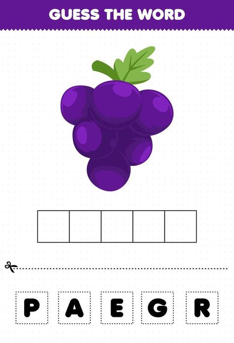 Education game for children guess the word letters practicing cute fruit grape Guess The Word, Game For Children, Vector Technology, Lettering Practice, Educational Worksheets, Cute Fruit, The Fruit, Color Names, Games For Kids