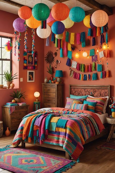 Bright Bedroom Ideas, Hanging Mason Jar Lights, Natural Wood Bed, Fabric Lantern, Bright Bedroom, Bottle Chandelier, Hanging Paper Lanterns, Brighter Bedroom, Hanging Mason Jars