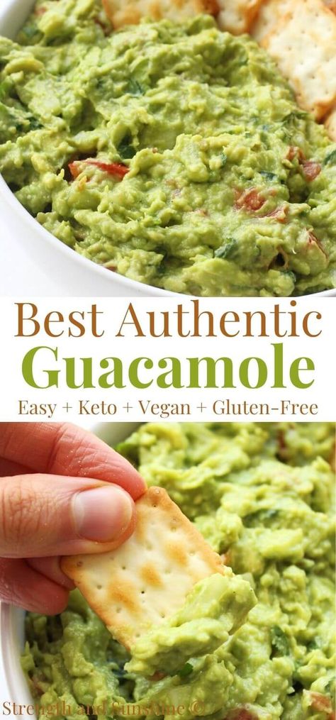 Authentic Guacamole Recipe | Strength and Sunshine | The best Authentic Guacamole Recipe! Fresh and delicious, only 6 whole food ingredients, this easy guacamole is naturally gluten-free, vegan, keto, and paleo! Cool and creamy mashed avocado with just the right amount of traditional Mexican flavors and spice! Grab your favorite tortilla chips for some delicious snacking or use it as a homemade spread for toast and sandwiches! Vegan Guacamole Recipe, Authentic Guacamole Recipe Mexico, Low Sodium Guacamole Recipe, Guacamole Recipe Easy Simple, Smooth Guacamole Recipe, Guacamole Recipe Easy Homemade, Traditional Guacamole Recipe, Traditional Guacamole, Homemade Guacamole Easy