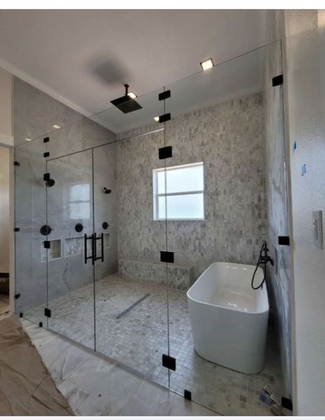 Master Bath With One Sink, His And Her Showers Master Bath, Bath Tub Inside Shower Area, Big Showers Walk In Dream Bathrooms, Wetroom Bathroom With Tub, Large Bathroom Ideas Master Suite, Large Shower Ideas Master Bath, Big Showers, Tub In Shower Area