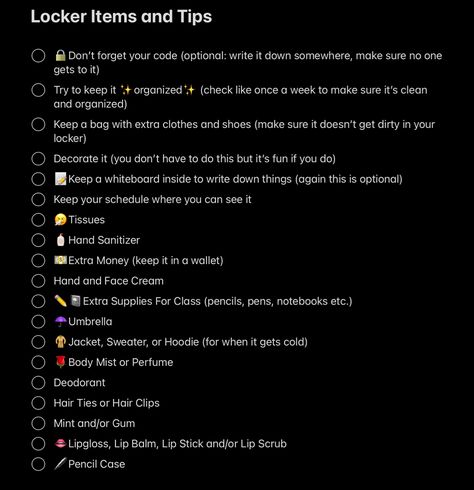 Locker Supplies List, High School Locker Essentials, Pe Locker Ideas Middle School, School Locker Snacks, Y2k Locker Ideas, What To Keep In Locker, Preppy Locker Ideas School, Things To Have In Your Locker, Locker Decorations Aesthetic Middle School