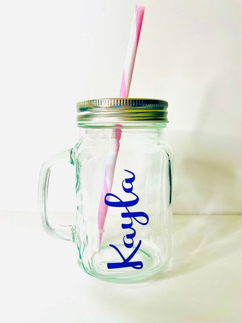 Personalised mason jar, personalised glassware, cute gifts, personalised gifts, mason jars, drinking mason jars, kitchenware, handmade gifts by PerfectgiftsbyK on Etsy Personalised Mason Jars, Mason Jar Glasses, Custom Mason Jars, Personalized Mason Jars, Personalized Glassware, Cute Glasses, Permanent Vinyl, Vinyl Colors, Girl Gifts