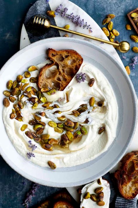 Whipped Ricotta Dip with Honey and Pistachios - Food Dolls Whipped Ricotta With Honey And Pistachios, Whipped Dips, Ricotta Dip With Honey, Whipped Ricotta With Honey, Ricotta With Honey, Baguette Toast, Ricotta Cream Cheese, Whipped Ricotta Toast, Whipped Ricotta Dip