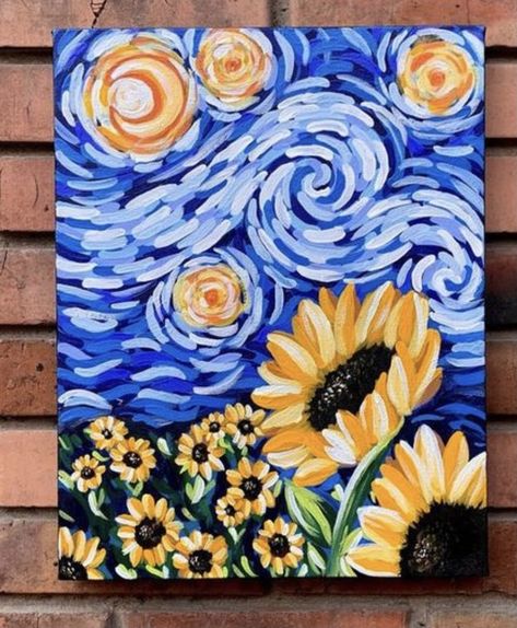 Starry Night X Sunflower, Girasoles Van Gogh, Starry Night Sunflower Painting, Sunflower By Van Gogh, Sunflowers Vincent Van Gogh, Flower Art Drawing, Art Painting Gallery, Painting Gallery, Art Tips