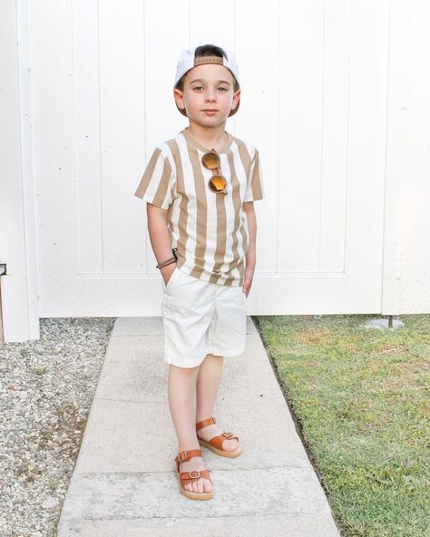 Narine Boyajian on Instagram: “Summer is here and I’m so excited to dress my boys in stylish outfits! And that brown sandals are exactly what I was looking to match for…” Boys Beach Outfits, Boy Ootd, Boys Sandals, Lil Boy, Boys Summer Outfits, Sandals Outfit, Summer Is Here, Baby Boy Fashion, Brown Sandals