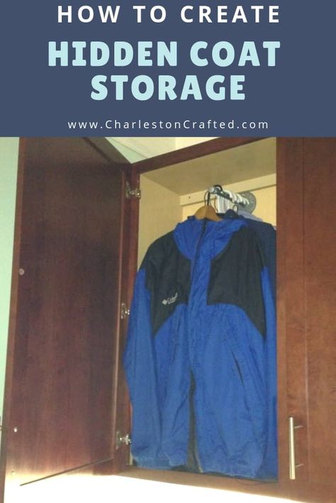 how to create hidden coat storage when you don't have an entryway coat closet #coatcloset #entryway #organization #storage #storageideas Coat Storage Small Space, Entryway Coat Closet, Jacket Storage, Garage Game Rooms, Jacket Hanger, Coat Storage, Apartment Checklist, Diy Hack, Entryway Cabinet