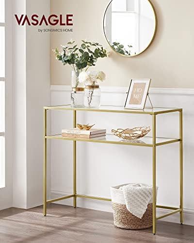 VASAGLE 39.4 Inch Console Sofa Table, Modern Entryway Table, Tempered Glass Table, Metal Frame, 2 Shelves, Adjustable Feet, for Living Room, Hallway, Gold Color ULGT025A01 Modern Hallway Furniture, Sofa Table Modern, Modern Entryway Table, Entryway Table Modern, Console Sofa Table, Glass Console Table, Modern Entryway, Console Sofa, Table Metal