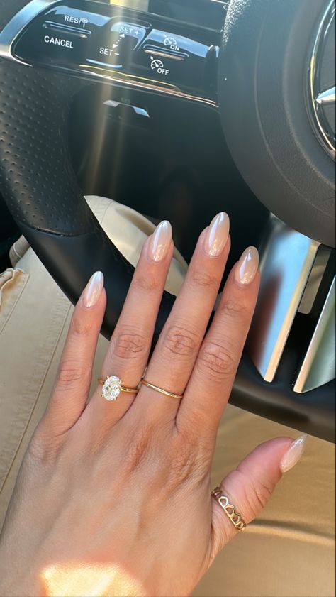 Cream Nail Inspiration, Engagement Nails Ideas Simple Almond, Bridal Nails Ivory, Creme Almond Nails, Nails With Black Prom Dress, Neutral Graduation Nails, Wedding Ring Nails, Opaque White Nails Acrylic, Made Of Honor Nails