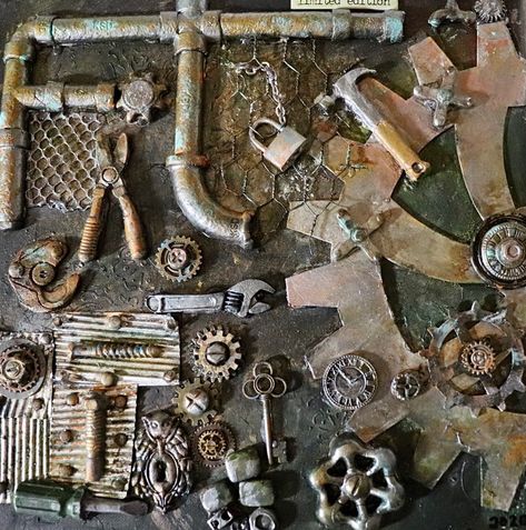 Dark Steampunk, Steampunk Mixed Media Art, Steampunk Mixed Media, Steampunk Crafts, Punk Design, Mechanical Art, Steampunk Gears, Found Object Art, Corrugated Metal