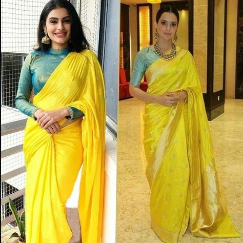 Yellow Colour Saree Contrast Blouse, Yellow Saree Matching Blouse, Saree Blouse Colour Combination, Yellow Colour Combinations Dress, Yellow Combination Outfits, Yellow Combination Dress, Yellow Color Combinations Outfits, Yellow Saree Blouse Combination, Closed Neck Blouse Designs