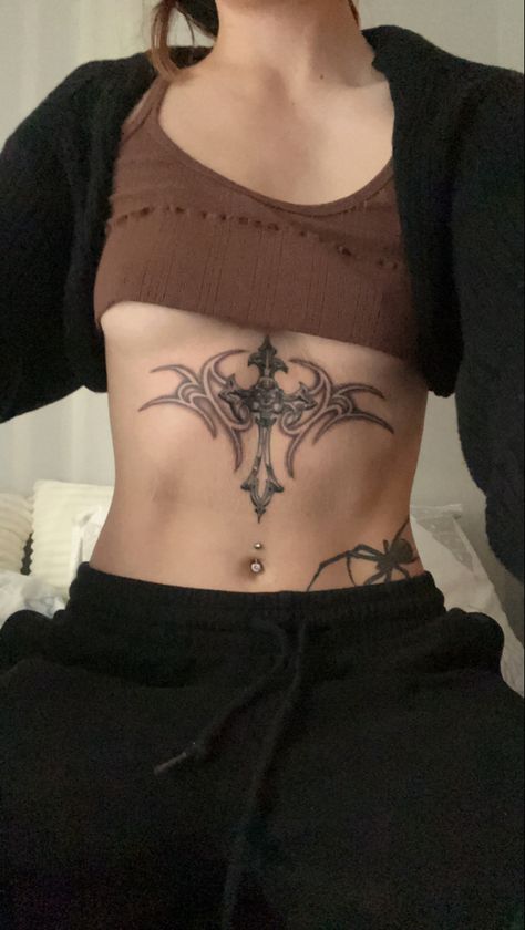 Lower Chest Tattoo, Sternum Tattoos, Cute Thigh Tattoos, Waist Tattoos, Black Mandala, Cross Tattoos For Women, Full Back Tattoos, Chest Tattoos For Women, Stomach Tattoos