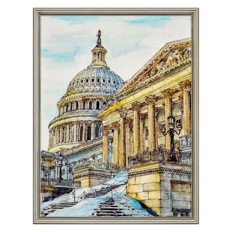 Wang Cityscape Washington DC Framed Art – Paynes Gray City Drawing, Silver Wood, Wood Molding, Contemporary Wall Decor, St James, Drawing Prints, Definition Prints, The Church, Washington Dc