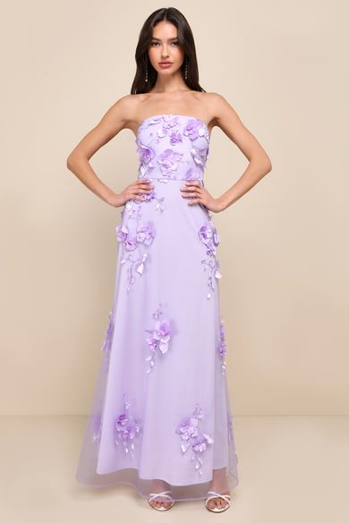 Floral Applique Prom Dress, Lavender A Line Dress, Purple Dress Women, Floral Lavender Dress, Lavender Dress Outfit Wedding, Otherworldly Fashion, Lilac Long Dress, Lilac Formal Dress, Spring Wedding Guest Attire