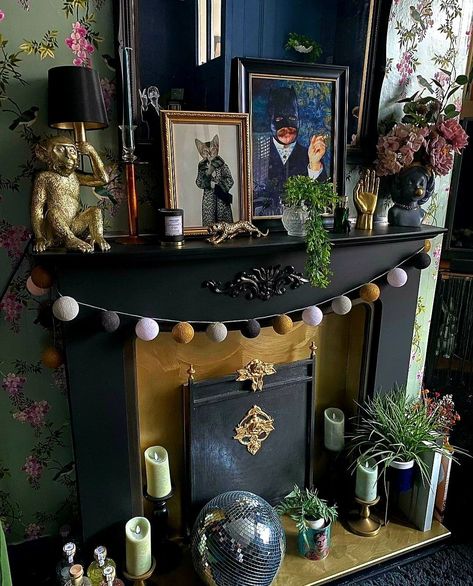 Dark Mantle Decor, Mantle Decor Maximalist, Eclectic Mantel Decor, Eclectic Fireplace Decor, Moody Mantle, Witchy Mantle, Moody Mantle Decor, Moody Maximalist Bathroom, Maximalist Mantle