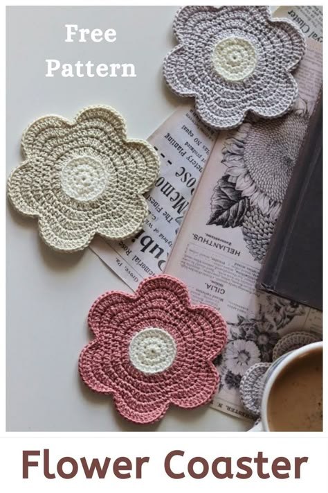 crochet flower coaster pattern for beginners, click on the pin to start crocheting! Crochet A Flower, Small Crochet Gifts, Start Crocheting, Crochet Coasters Free Pattern, Flower Coaster, Flower Coasters, Coaster Pattern, Crochet Flowers Easy, Crochet Coaster Pattern