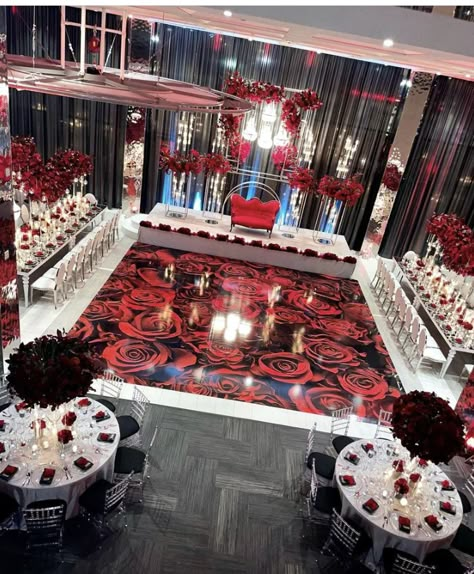 Red Wedding Black Couple, Black And Red Wedding Theme Wedding Ceremony Decor, Red And White Reception Decorations, Burgundy And Black Party Decorations, Black And Red Wedding Venues, Burgundy And Black Quinceanera Theme, Mafia Themed Wedding, Red Wedding Theme Romantic, Black Quinceanera Theme