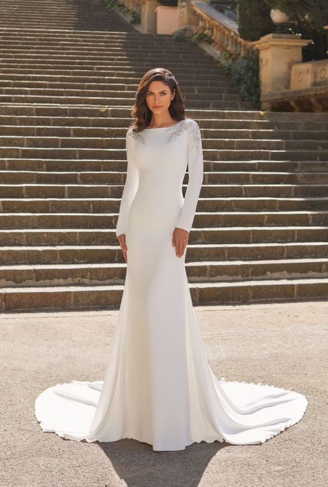 Winter Wedding Dress With Sleeves Simple, Long Sleeve Wedding Dress Sheath, Sheath Wedding Dresses With Sleeves, Sparkly Modest Wedding Dresses, Simple Modest Wedding Dresses Vintage, Classic Modest Wedding Dress, Simple Modest Wedding Dresses Classy, Modest Winter Wedding Dress, Modest Wedding Dresses 2024