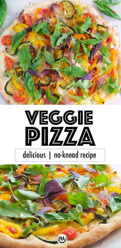 This vibrant veggie pizza is a must! The pizza crust is light, crispy and the juicy topping is made with creamy mozzarella, slightly roasted vegetables, fresh basil and arugula. #pizzarecipes #vegetarianpizza #pizzadoughrecipes #vegetarianrecipes Easy Veggie Pizza, Crispy Pizza Crust, Crispy Pizza, Easy Veggie, Veggie Pizza, Large Pizza, Inexpensive Meals, Vegetarian Pizza, Cheap Dinner Recipes