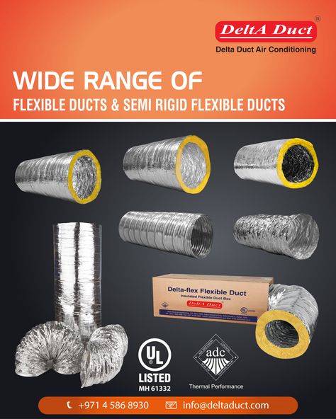 Flexible Ducts are widely used in Air Conditioning and Ventilation Systems and Semi Rigid Flexible Duct is an ideal choice for applications that require flexibility and stability. Delta Duct supplies wide range of Flexible Ducts tested as per ASTM E84 and Semi Rigid Flexible Ducts manufactured in accordance with NFPA 90 A & B standards for commercial, industrial and residential applications. Cladding Sheets, Furnace Maintenance, Flexible Duct, Hvac Air Conditioning, Ducted Air Conditioning, Aluminium Cladding, Foil Tape, Air Duct