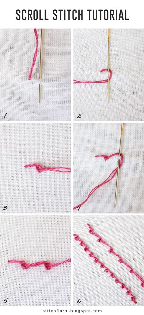 Scroll stitch tutorial #embroidery #handembroidery #stitching #stitch #scrollstitch #needlework #tutorial Scroll Stitch Embroidery Designs, Scroll Stitch Embroidery, Stitch Tutorial Embroidery, Hand Embroidery Stitches Tutorial, Scroll Stitch, Fabric Applique Diy, Tutorial Embroidery, Embroidery Bobbins, French Knot Stitch