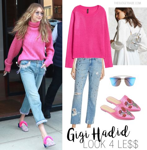 Gigi Hadid's pink sweater and embellished jeans look for less - those Louboutin glitter and fur mules are everything!! Fuschia Sweater Outfit, Pink Sweater And Jeans Outfit, Pink Pullover Outfit Winter, Magenta Sweater Outfit, Bright Pink Sweater Outfit, Pink Mules Outfit, Pink Knit Sweater Outfit, Fur Sweater Outfit, Pink Pullover Outfit