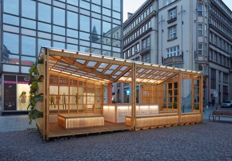 Temporary Architecture, Pavilion Architecture, Wood Architecture, Stall Designs, Street Furniture, Building Structure, Brno, Booth Design, Green Building