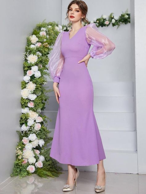 Contrast Sheer Mesh Lantern Sleeve Dress | SHEIN USA Lilac Dress Outfit, Long Dresses Western, Pastel Dress Outfit, Purple Dress Outfits, Korean Fashion Women Dresses, Dress Outfits Party, Evening Dress Patterns, Simple Wedding Gowns, Dress Pesta