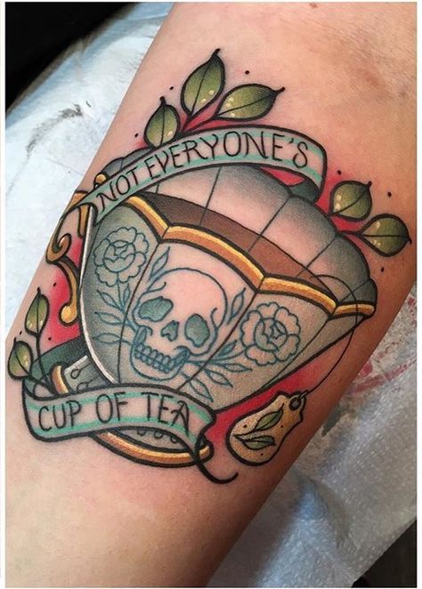 Not everyone's cup of tea tattoo skull teacup SOURCE: Jawtattoos on instagram My Chemical Romance Tattoo Black Parade, Emo Lyric Tattoos, Chem Tattoos, Black Parade Tattoo, Mcr Tattoo Ideas, Danger Tattoo, Pop Punk Tattoo, Emo Tattoo Ideas, Cup Of Tea Tattoo