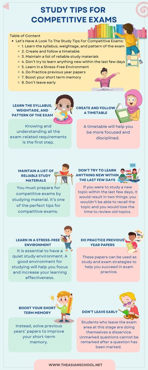 Preparing for competitive exams requires you to keep a few things in mind. The most vital thing is to be prepared well for exams. #theasianschoolinfografic #educationinfografic #Schoolinfografic #Study Tips For Competitive Exams #dehradun #india Study Preparation, Exam Preparation Tips, Ias Study Material, Exam Study Tips, Study Apps, Best Study Tips, Study Tips For Students, Exam Motivation, Study Flashcards