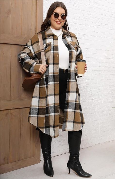 Curvy Mom Outfits, Chubby Outfit Ideas, Boyfriend Coat, Flannel Shacket, Plus Size Winter Outfits, Plus Size Plaid, Tartan Shirt, Plaid Shacket, Oversized Flannel