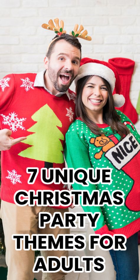 unique christmas party theme with ugly christmas sweaters Christmas Themed 30th Birthday, Holiday Theme Party Outfit, Xmas Theme Outfits, Christmas Dress Up Ideas Holiday Parties, Costume Christmas Party, Mad For Plaid Christmas Party, Xmas Party Ideas For Adults, Christmas Themes Dress Up, Christmas Song Costumes Diy