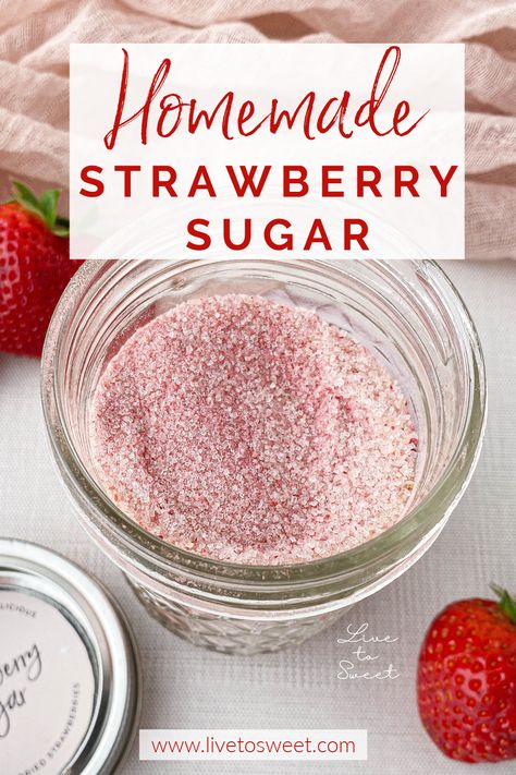 This Homemade Strawberry Sugar combines sweet strawberries with granulated sugar for a taste of summer no matter the season! Add it to baked goods, flavor butter, use it to rim cocktail glasses, and more! Makes a fantastic gift! #strawberrysugar #flavoredsugar #foodgift #diyfoodgift #homemadefoodgift Citrus Recipes, Diy Food Gifts, Homemade Food Gifts, Fruit Dessert Recipes, Flavored Sugar, Flavored Butter, Berries Recipes, Best Fruits, Fruit Desserts