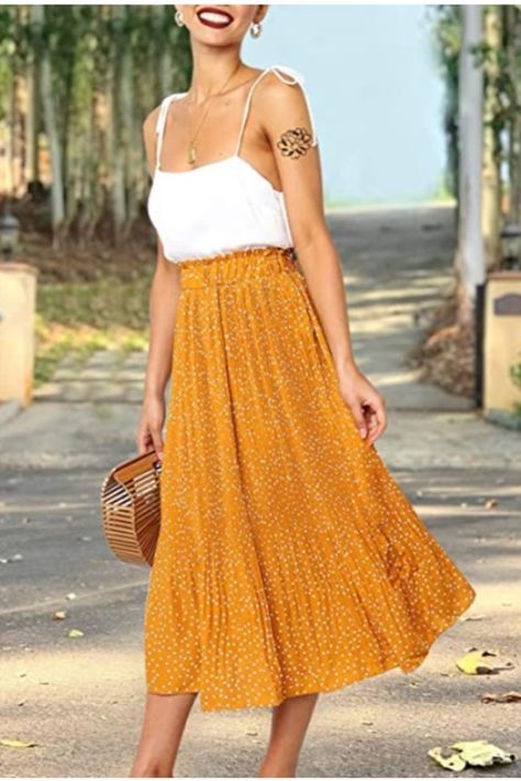 Polka Dots Skirt Outfit, Yellow Maxi Skirt Outfit, Polka Dot Skirt Outfit, Dot Skirt Outfit, Yellow Skirt Outfits, Mustard Yellow Skirts, Pleated Skirt Midi, Yellow Maxi Skirts, Mustard Skirt