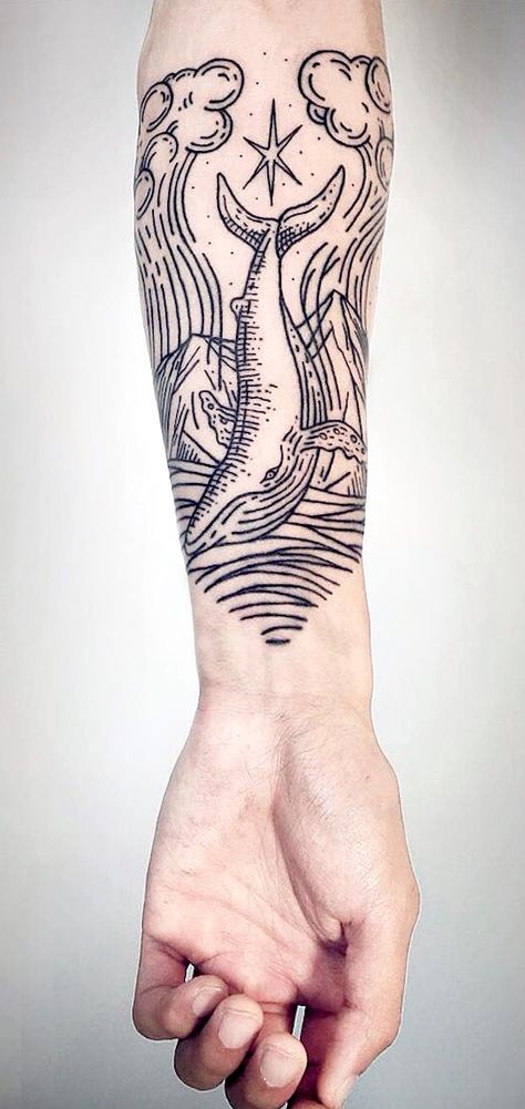 Landscape Tattoos, Humpback Whale Tattoo, Whale Drawing, Linework Tattoo, Pirate Tattoo, Whale Tattoos, Landscape Tattoo, Whale Pattern, Natural Magic