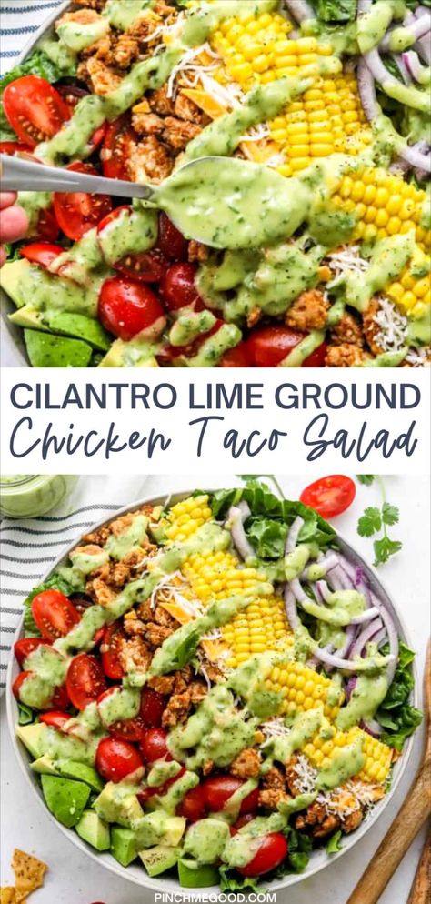 This amazing ground chicken taco salad is loaded with protien, fresh veggies, and topped with an incredible cilantro lime dressing. It makes the best easy weeknight dinner that is also gluten free! Ground Chicken Taco Salad, Cilantro Lime Chicken Taco Salad, Different Types Of Salads, Ground Chicken Tacos, Types Of Salads, Salad Taco, Chicken Taco Salad, Taco Bowl, Healthy Bowls Recipes