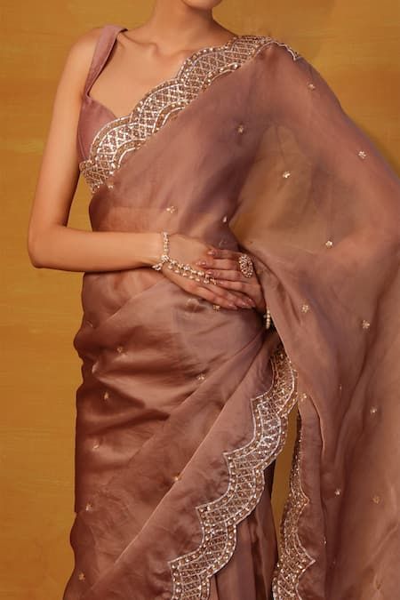 Buy Brown Organza Embroidery Sweetheart Neck Saree With Blouse For Women by Esha Koul Online at Aza Fashions. Organza Embroidery, Backless Blouse Designs, Embroidered Saree, Backless Blouse, Embroidery Saree, Wear Saree, Blouse For Women, Embroidered Neckline, Organza Saree