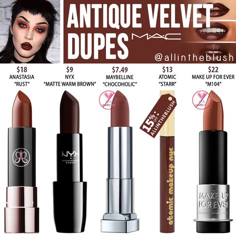 MAC ANTIQUE VELVET LIPSTICK DUPES. Use code ALLINTHEBLUSH to save 15% off Atomic Makeup! Mac Antique Velvet, Mac Fix Plus, Charlotte Tilbury Pillow Talk, Nyx Lipstick Matte, Silicone Makeup, Makeup Brush Storage, Eyelash Sets, Velvet Lipstick, Makeup Guide