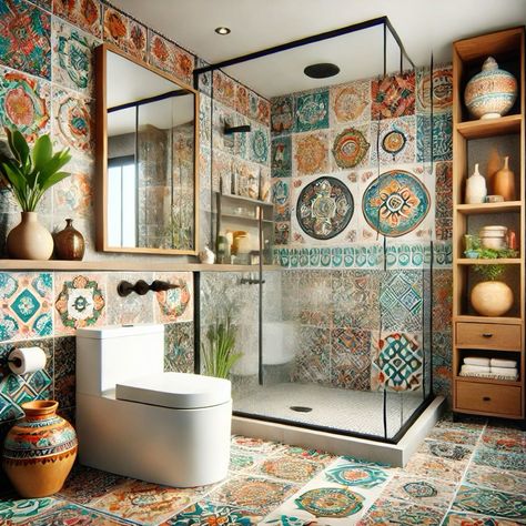 Mexican Style Bathrooms, Mexican Style Interior Design, Spanish Bathroom Hacienda Style, Mexican Bathroom Ideas, Spanish Tile Bathroom, Hacienda Bathroom, Mexican Style Bathroom, Mexican Tile Bathroom, Spanish Style Bathrooms