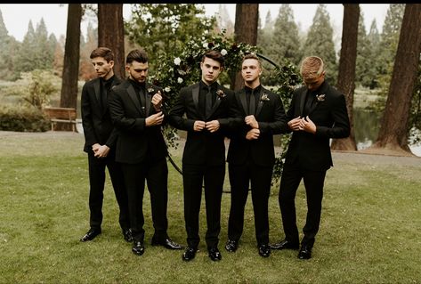 #groom #groomsmen #allblacktux #tuxedo #wedding #weddingideas #weddinginspiration #forestwedding #pnw #portlandoregon Dark Wedding Theme, Wedding Groomsmen Attire, Black And White Wedding Theme, Groom Wedding Attire, Black Suit Wedding, Food Catering, White Wedding Theme, Wedding Suits Groom, Devils Food