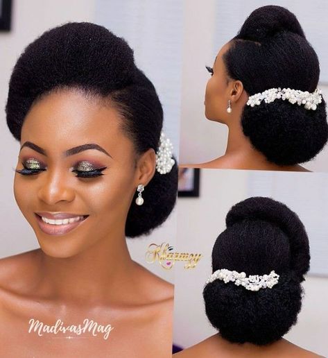 Natural Hair Wedding Styles Updo Black Women Bridal Hairstyles, Bride Natural Hairstyles, African Bridal Hairstyles Natural Hair Brides, Pony Hairstyles For Wedding, Natural Hair Pony Styles, Updo Cabello Natural, Pony Styles, Natural Hair Updo Wedding, Afro Wedding Hairstyles