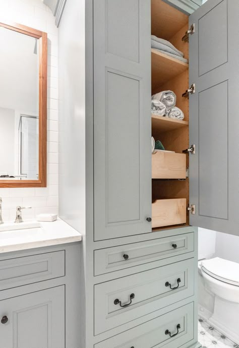 Jack And Jill Bathroom With Linen Closet, Bathroom Built In Cabinet Next To Vanity, Bathroom Vanity And Linen Closet Combo, Double Vanity Bathroom With Linen Closet, Single Vanity With Linen Cabinet, Bathroom Tower Cabinet Ideas, Bathroom Vanities With Storage Towers, Bathroom With Linen Cabinet, Bathroom Linen Cabinet Built In