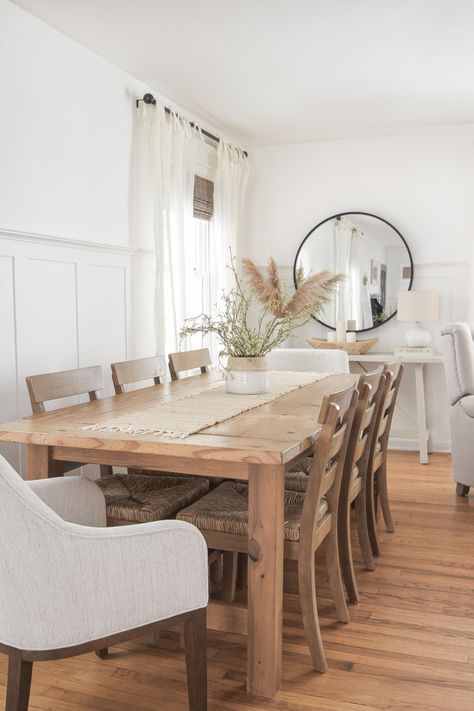 Neutral Dining Room Table Decor, Neutral Dining Room Table, Natural Dining Room Table, Dining Room Layout Ideas Floor Plans, White Wash Dining Table And Chairs, Farmhouse Dining Room Table And Chairs, Dining Chair Inspiration, Butcher Block Table Dining, Southern Living Dining Room