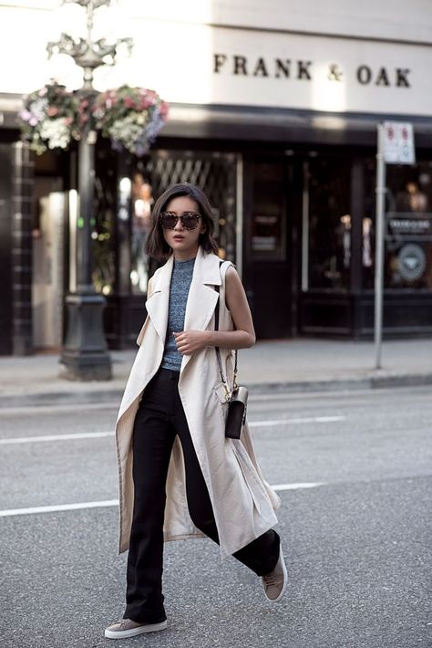 Long Vest Outfit Fall, Sleeveless Trench Coat Outfits, Trench Coat Outfits, Sleeveless Trench Coat, Cropped Trench Coat, Sleeveless Trench, Dress Better, 90s Inspired Outfits, Trench Coat Outfit