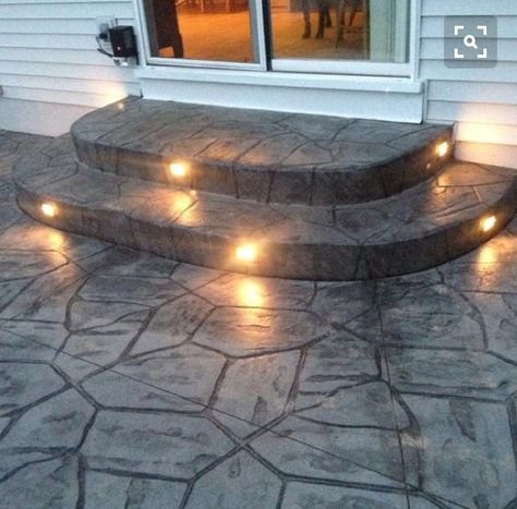 Lighting in stamped concrete Patio Stairs, Cement Patio, Concrete Patio Designs, Concrete Patios, Patio Steps, Stamped Concrete Patio, Summer Backyard, Concrete Steps, Outdoor Patio Lights