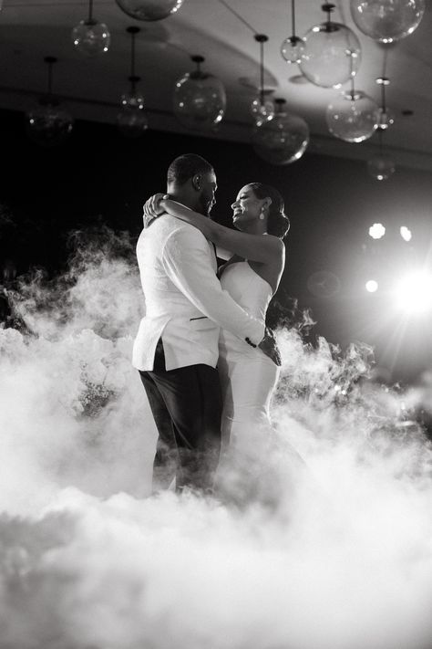 A moment this bride + Groom will never forget. Their first dance felt and looked like they were dancing on a cloud! Wedding Cloud Dance Floor, First Dance Wedding Pictures, Dancing On Clouds Wedding, Smokey First Dance, Dancing On The Clouds Wedding, Dancing On A Cloud Wedding, Wedding Photography First Dance, First Dance Photography, Wedding Reception Dancing Photos