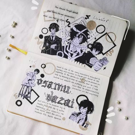 Black and white aesthetic journal Anime Scrapbook Ideas, Dazai Journal Ideas, Dazai Book, Dazai Osamu Writing, Dazai Osamu Stickers Printable, Dazai Collage, Anime Scrapbook, Anime Journal, Dazai Bungou Stray Dogs